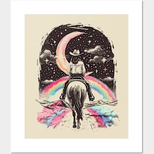 Moonlit Equestrian Dreams: Mystical Horseback Rider Under Starry Crescent Moon Art Posters and Art